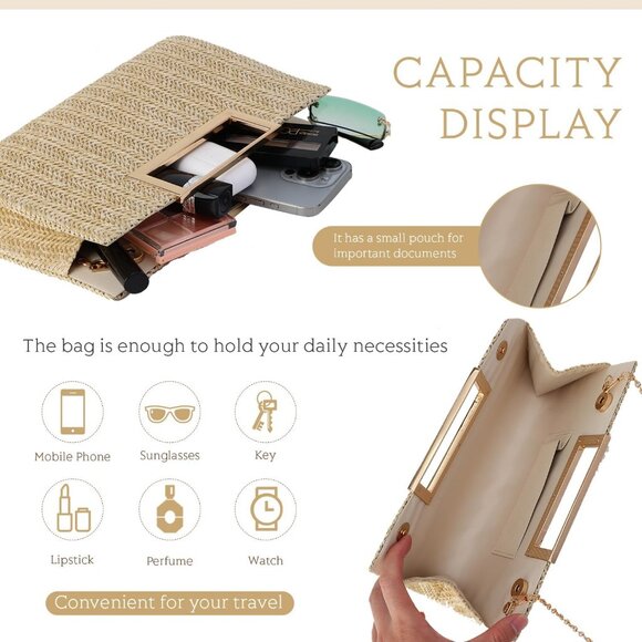 Top Handle Straw Clutch for Women Summer Clutch Straw Evening Bag Raffia Crossbo - Picture 4 of 8